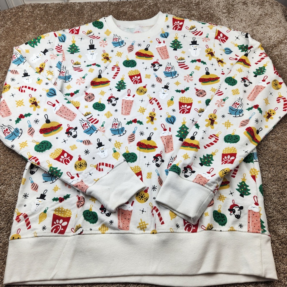 Chick-fil-A Christmas Holiday All Over Print Crewneck Sweatshirt Cream Large